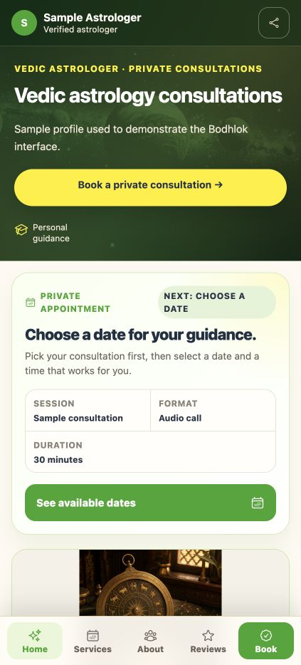 Actual Bodhlok public profile on mobile with sample data